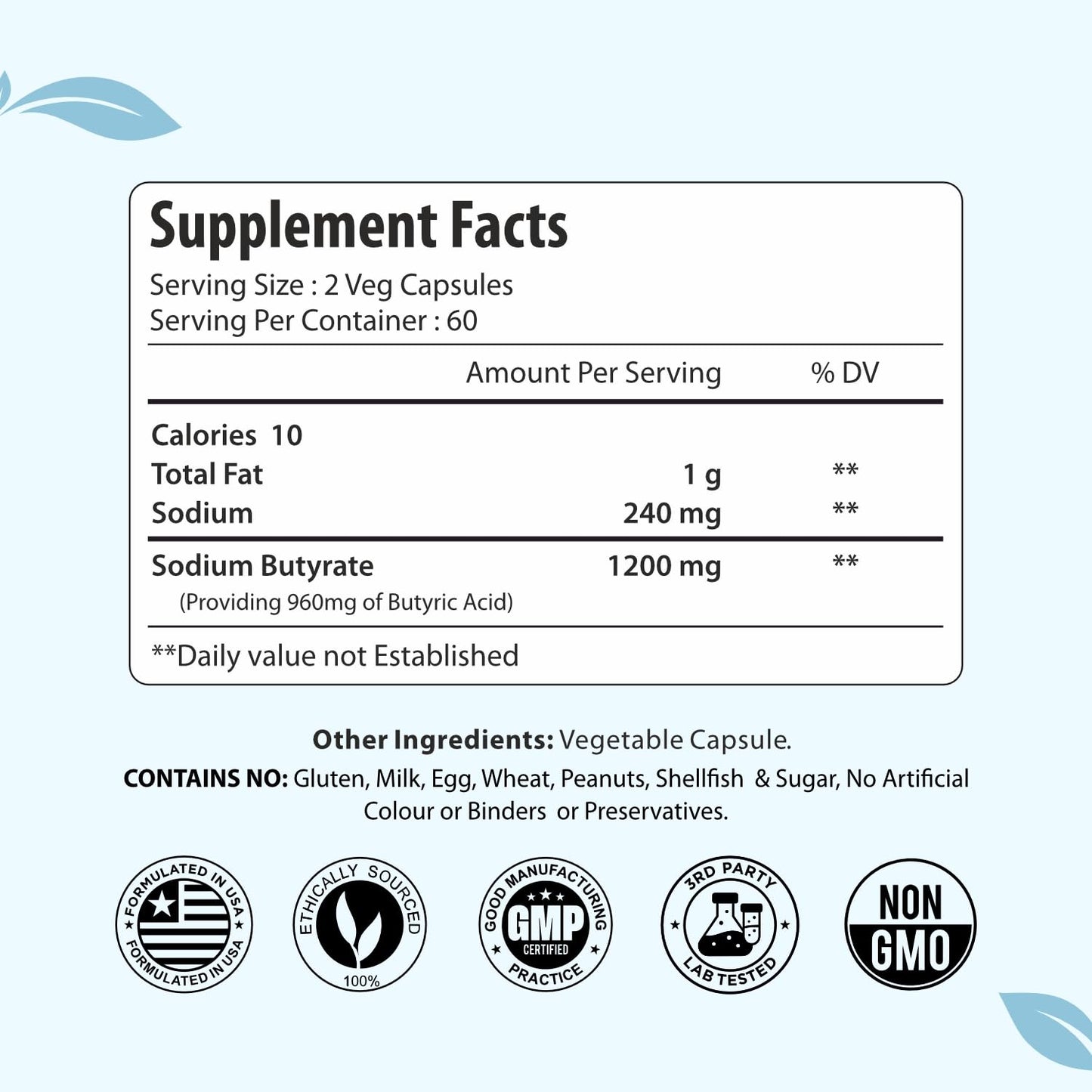 ForestVibe Sodium Butyrate Supplement 1200mg, Yielding 960mg Butyric Acid, 120 Vegan Capsules, 2 Month Supply, Non-GMO - dailyvitalstore