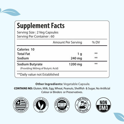 ForestVibe Sodium Butyrate Supplement 1200mg, Yielding 960mg Butyric Acid, 120 Vegan Capsules, 2 Month Supply, Non-GMO - dailyvitalstore