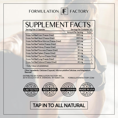 Formulation Factory Beef Liver Capsules - 10-in-1 Primal Powder Beef Organ Supplement for Men & Women with Bone Marrow & Beef Testicle - Grass Fed Ancestral Health - 120 Capsules, 2 Month Supply - dailyvitalstore