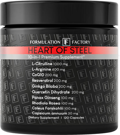 Formulation Factory Heart of Steel - L-Citrulline 1000mg with L-Arginine, CoQ10, Resveratrol, Ginkgo Biloba, Quercetin, Ginseng & Rhodiola - dailyvitalstore