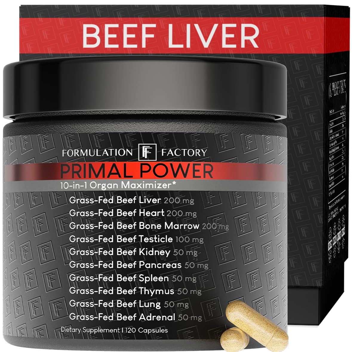 Formulation Factory Primal Power 10-in-1 Beef Organ Supplement - Grass Fed Beef Liver Capsules with Heart, Bone Marrow, Kidney, Testicle - Freeze Dried Organ - 120 Capsules, 2 Month Supply - dailyvitalstore