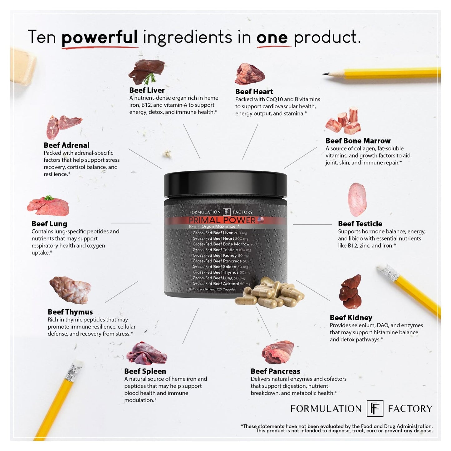Formulation Factory Primal Power 10-in-1 Grass-Fed Organ Supplement with Beef Liver, Heart, Marrow, Testicle, Kidney, Supports Vitality, Hormones, Energy, Immunity (4 Month Supply, 240 Capsules) - dailyvitalstore