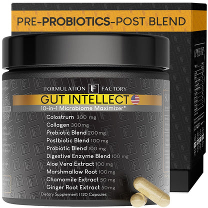 Formulation Factory Probiotics for Women & Men - Gut Intellect 10-in-1 Digestive Enzymes with Prebiotics and Postbiotics - Total Gut Health Supplement - 120 Capsules, 2 Month Supply - dailyvitalstore