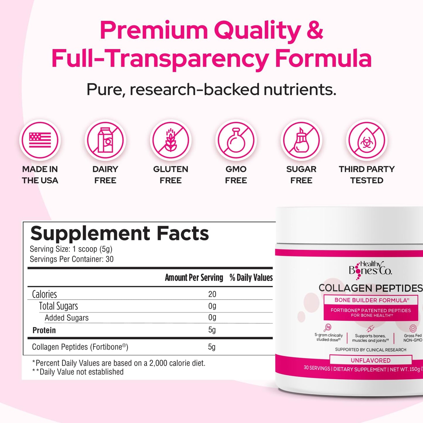 FORTIBONE Collagen Peptides Essential Bone Builder Hydrolyzed Collagen Powder for Women & Men, Clinically-Supported for Bone Strength & Density - dailyvitalstore