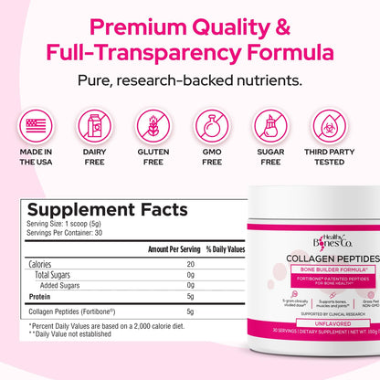 FORTIBONE Collagen Peptides Essential Bone Builder Hydrolyzed Collagen Powder for Women & Men, Clinically-Supported for Bone Strength & Density - dailyvitalstore