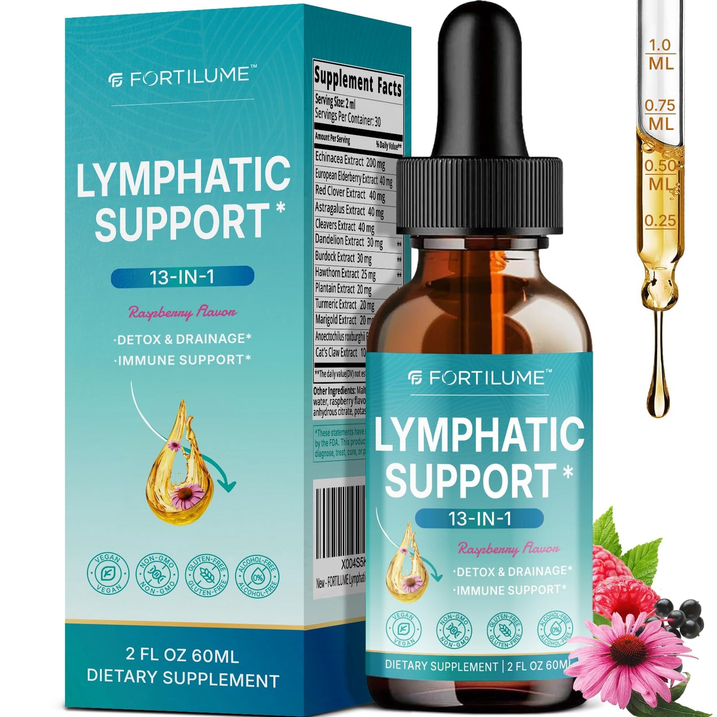 FORTILUME Liposomal Lymphatic Drainage Drops, 13 in 1 Lymphatic Support Drops with Elderberry & Echinacea, Immune & Lymph System Support, Raspberry Flavor, 2 Fl.Oz (30 Servings) - dailyvitalstore
