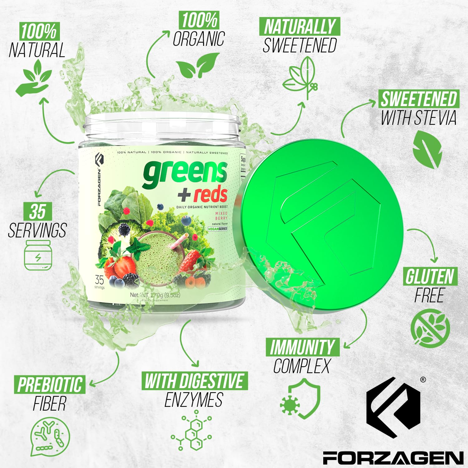 Forzagen Vegan Greens & Reds Superfood Powder - Organic Super Greens Powder | Premium Veggie Powder Supplement | 35 Servings Reds and Greens Superfood Powder - dailyvitalstore