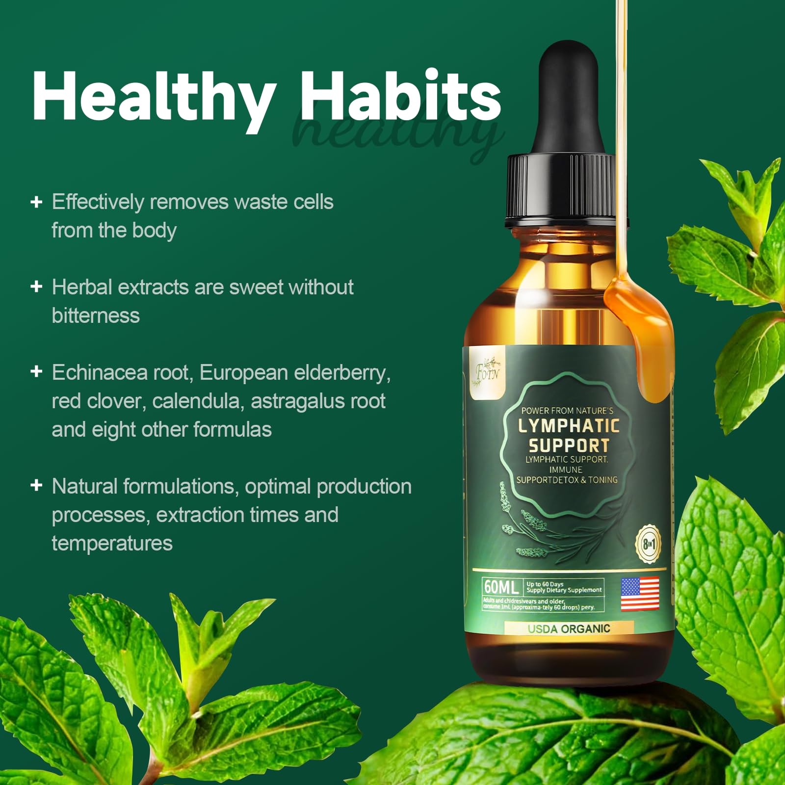 FOTN Lymphatic Drainage Drops - Organic Herbal Supplements - Echinacea | Elderberry | Astragalus | Burdock | Calendula | - Immune Support, Lymphatic Detoxd&Cleanse, 2 fl oz - dailyvitalstore