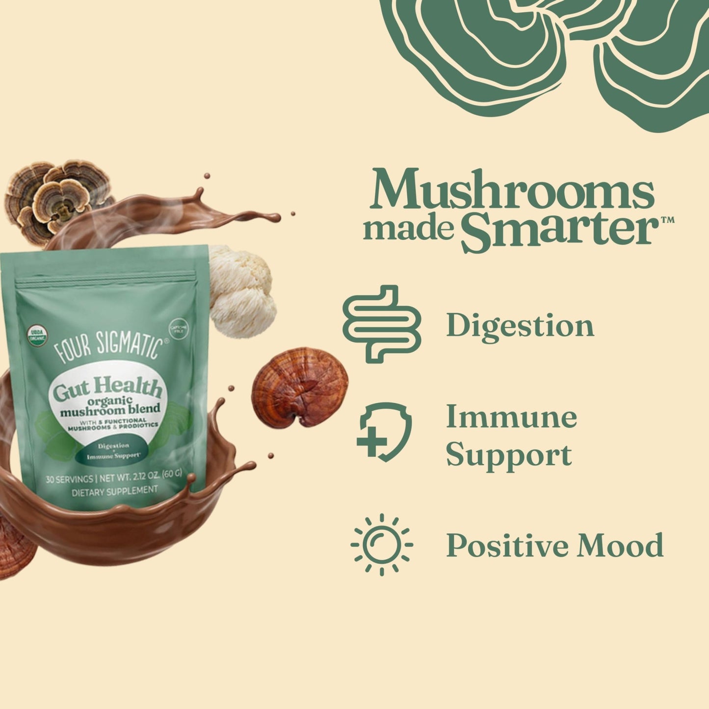 Four Sigmatic Gut Health Mushroom Blend | Organic Mushroom Powder Complex with Turkey Tail, Lion’s Mane, Cordyceps, Chaga, Probiotics and More - dailyvitalstore