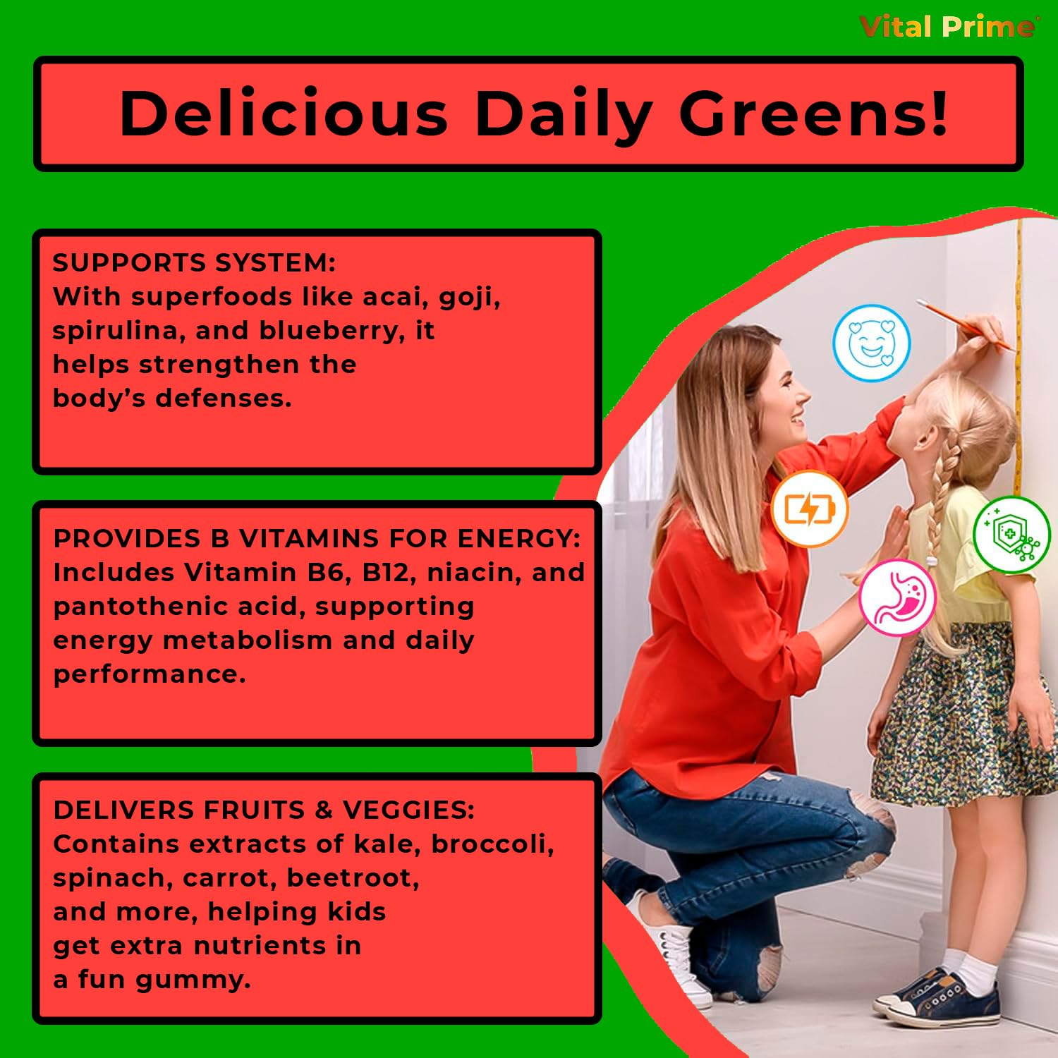 FourRoar Vital Prime Super Green Gummies for Kids 90 Count Strawberry & Watermelon Flavor | Fruit and Vegetable Gummies | Vegan Veggies Gummy Multivitamin for Kids - dailyvitalstore