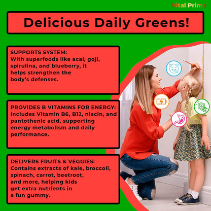 FourRoar Vital Prime Super Green Gummies for Kids 90 Count Strawberry & Watermelon Flavor | Fruit and Vegetable Gummies | Vegan Veggies Gummy Multivitamin for Kids - dailyvitalstore