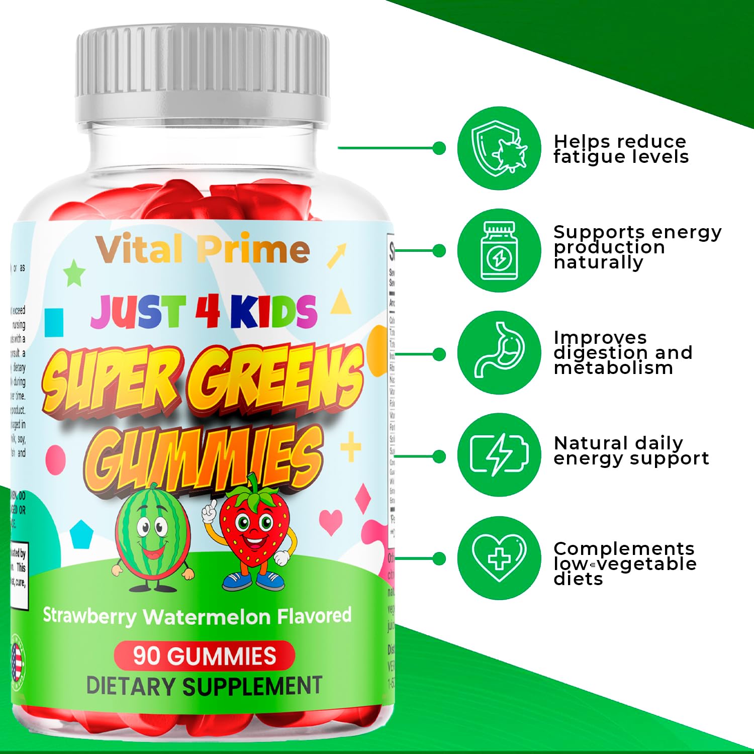 FourRoar Vital Prime Super Green Gummies for Kids 90 Count Strawberry & Watermelon Flavor | Fruit and Vegetable Gummies | Vegan Veggies Gummy Multivitamin for Kids - dailyvitalstore