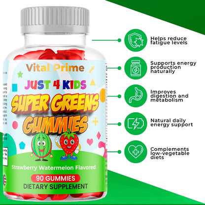 FourRoar Vital Prime Super Green Gummies for Kids 90 Count Strawberry & Watermelon Flavor | Fruit and Vegetable Gummies | Vegan Veggies Gummy Multivitamin for Kids - dailyvitalstore