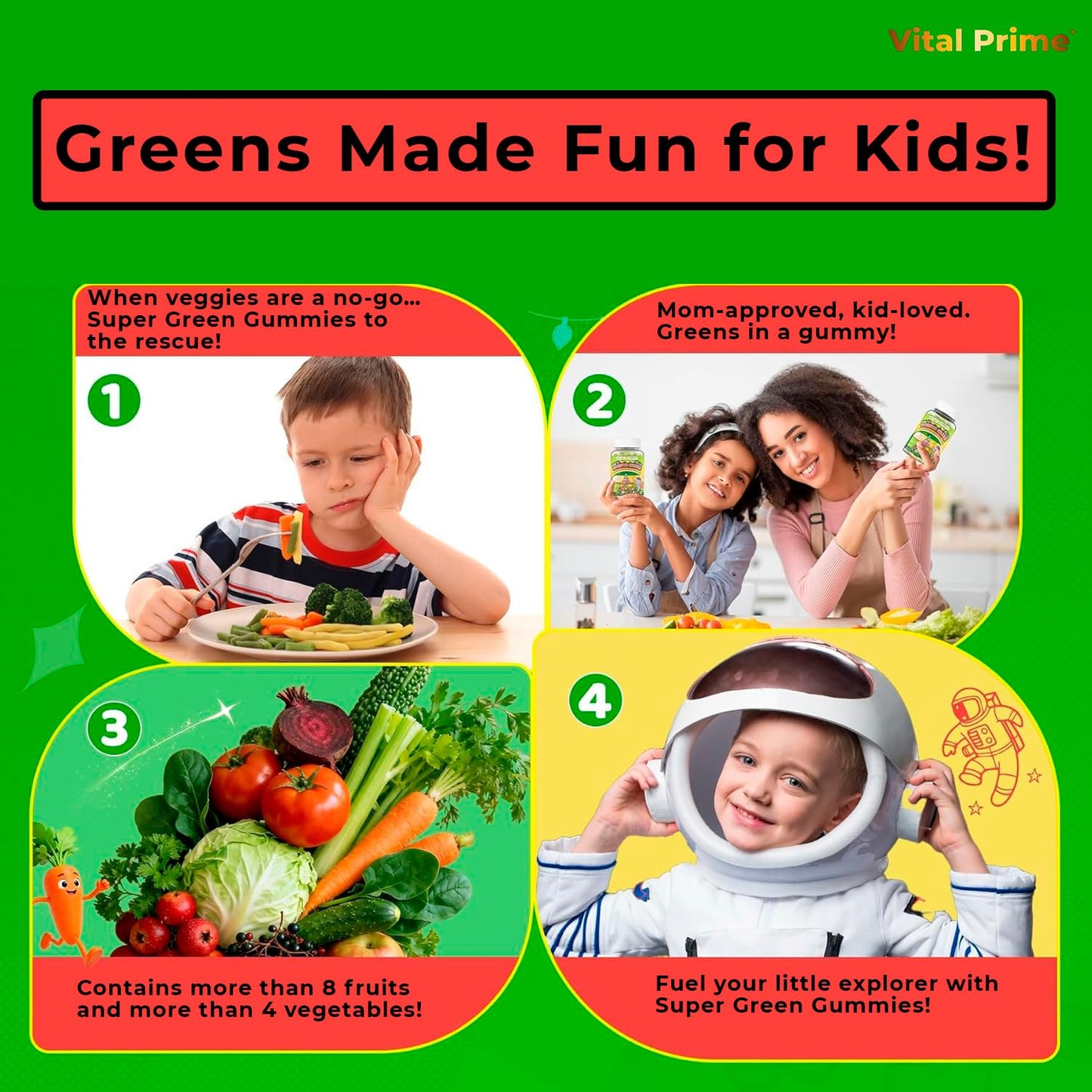 FourRoar Vital Prime Super Green Gummies for Kids 90 Count Strawberry & Watermelon Flavor | Fruit and Vegetable Gummies | Vegan Veggies Gummy Multivitamin for Kids - dailyvitalstore