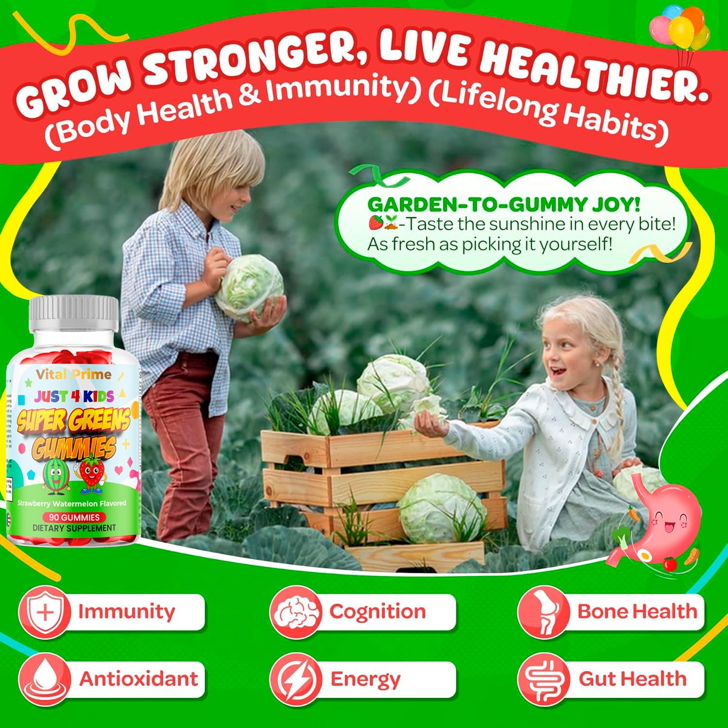 FourRoar Vital Prime Super Green Gummies for Kids 90 Count Strawberry & Watermelon Flavor | Fruit and Vegetable Gummies | Vegan Veggies Gummy Multivitamin for Kids - dailyvitalstore