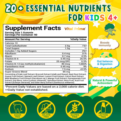 FourRoar Vital Prime Super Green Gummies for Kids 90 Count Strawberry & Watermelon Flavor | Fruit and Vegetable Gummies | Vegan Veggies Gummy Multivitamin for Kids - dailyvitalstore
