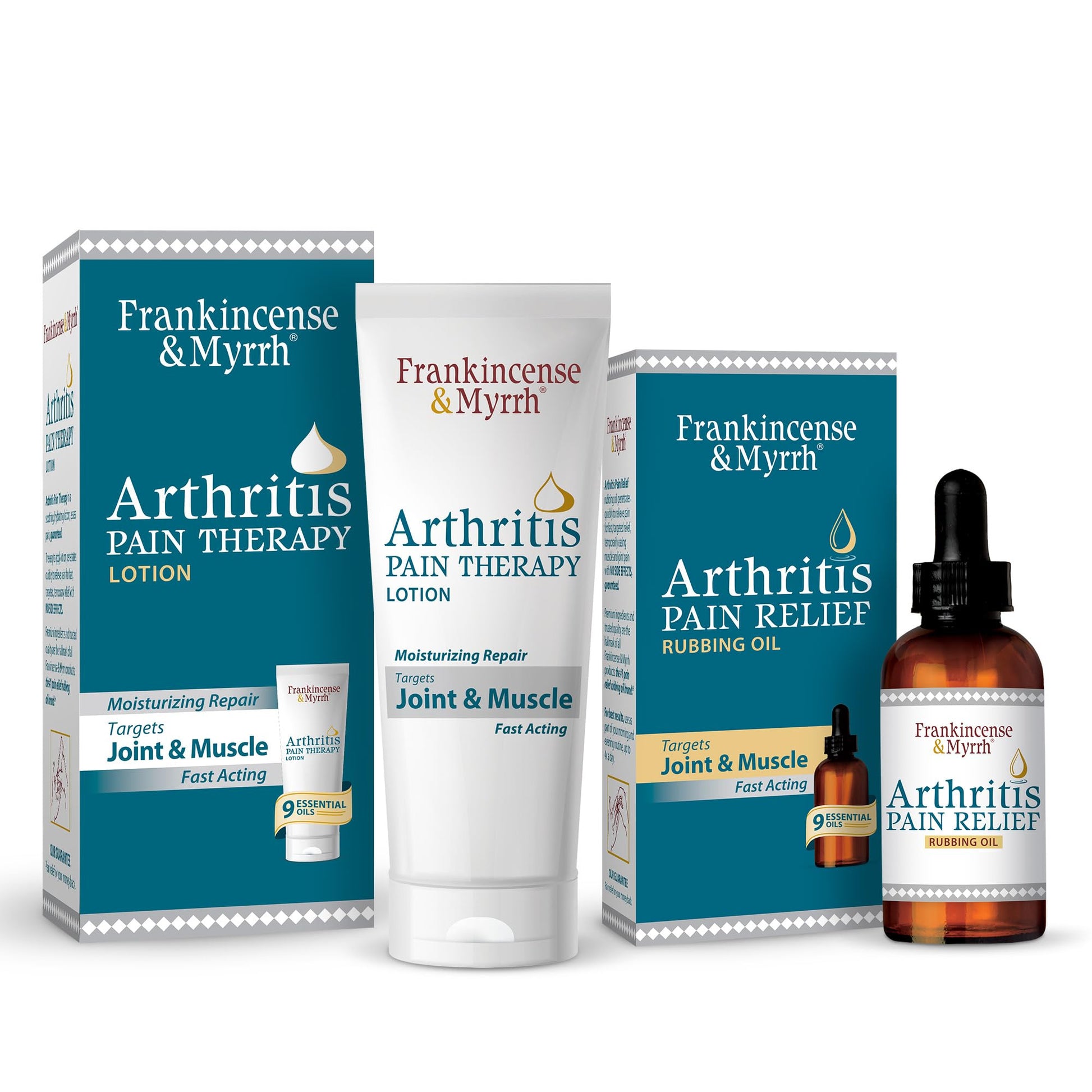 FRANKINCENSE & MYRRH Combo Pack - Arthritis Pain Relief Rubbing Oil 2 oz. and Arthritis Pain Reliever Therapy Cream for Joints & Sciatica Relief, 3 oz., Hydrating Lotion with Essential Oils - dailyvitalstore
