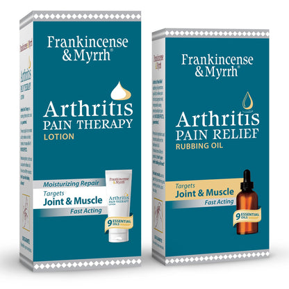 FRANKINCENSE & MYRRH Combo Pack - Arthritis Pain Relief Rubbing Oil 2 oz. and Arthritis Pain Reliever Therapy Cream for Joints & Sciatica Relief, 3 oz., Hydrating Lotion with Essential Oils - dailyvitalstore
