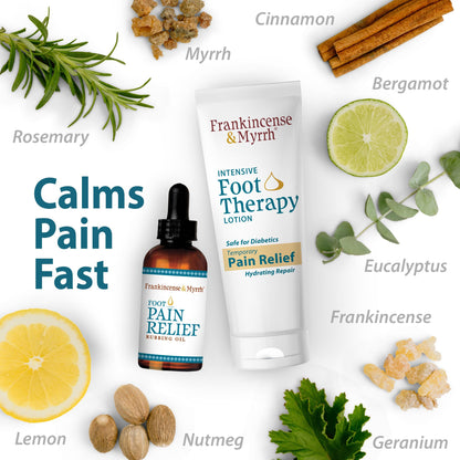 FRANKINCENSE & MYRRH Foot Pain Combo Pack: Foot Pain Relief Rubbing Oil (2 oz) and Intensive Therapy Lotion for feet (3 oz), Neuropathy, Nerve Relief, Frankincense Essential Oil, Maximum Strength - dailyvitalstore