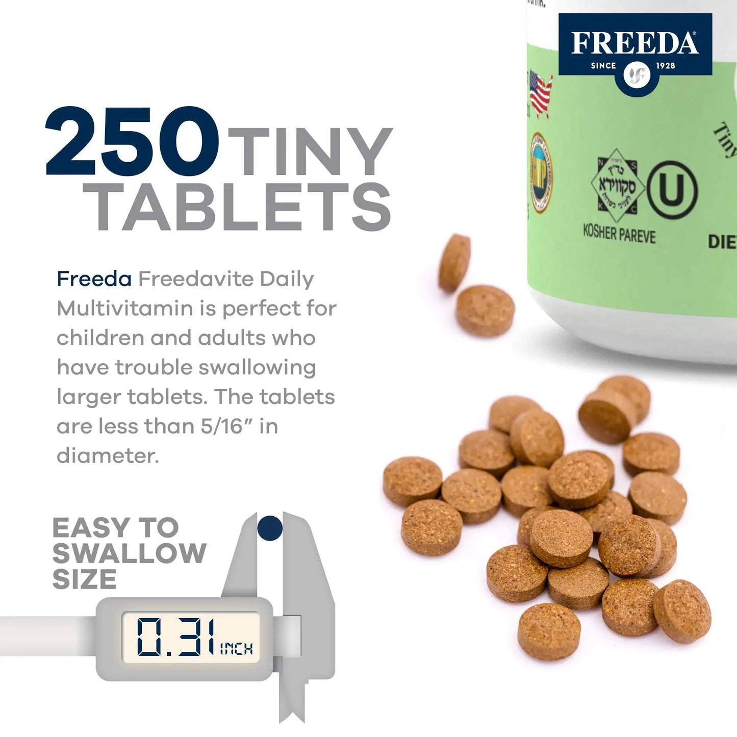 Freedavite Tiny Tablet - Moderate Multivitamin for Men and Women - Pure Vitamin A, C, D, E, B1, B2, B6, B12, Biotin, Calcium, Zinc, Iron, Magnesium - dailyvitalstore