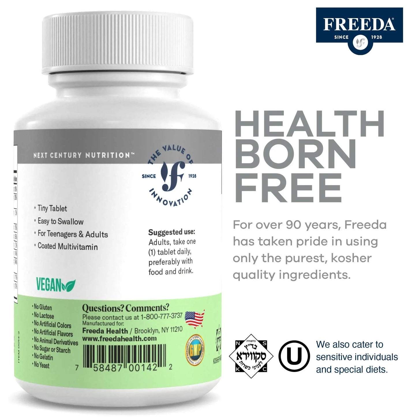 Freedavite Tiny Tablet - Moderate Multivitamin for Men and Women - Pure Vitamin A, C, D, E, B1, B2, B6, B12, Biotin, Calcium, Zinc, Iron, Magnesium - dailyvitalstore