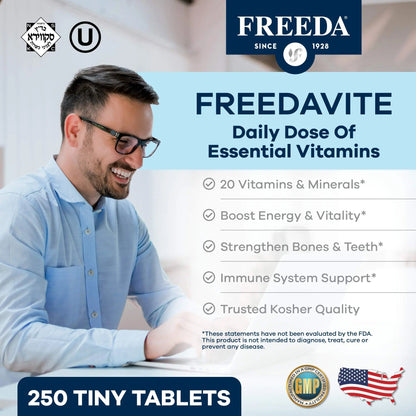 Freedavite Tiny Tablet - Moderate Multivitamin for Men and Women - Pure Vitamin A, C, D, E, B1, B2, B6, B12, Biotin, Calcium, Zinc, Iron, Magnesium - dailyvitalstore