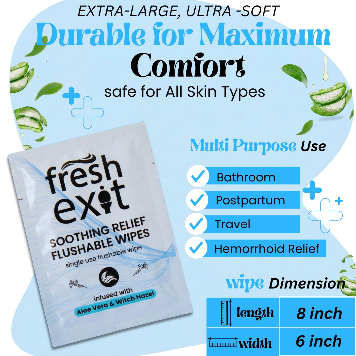 FreshExit Flushable Hemorrhoid Wipes – 36 Count – Individually Wrapped with Witch Hazel & Aloe Vera, Large Discreet Travel Wipes for Adults, Soothing & Gentle on Skin - dailyvitalstore