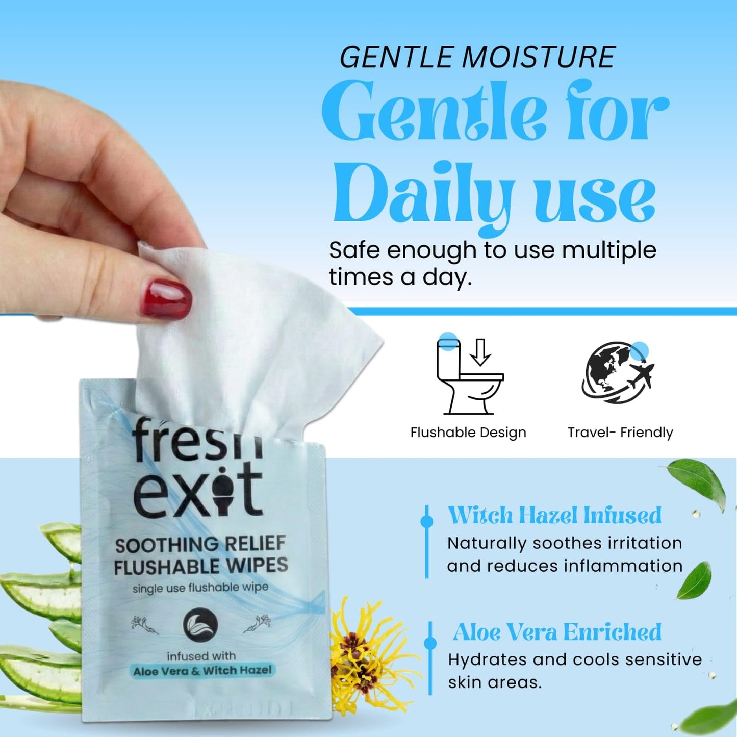 FreshExit Flushable Hemorrhoid Wipes – 36 Count – Individually Wrapped with Witch Hazel & Aloe Vera, Large Discreet Travel Wipes for Adults, Soothing & Gentle on Skin - dailyvitalstore