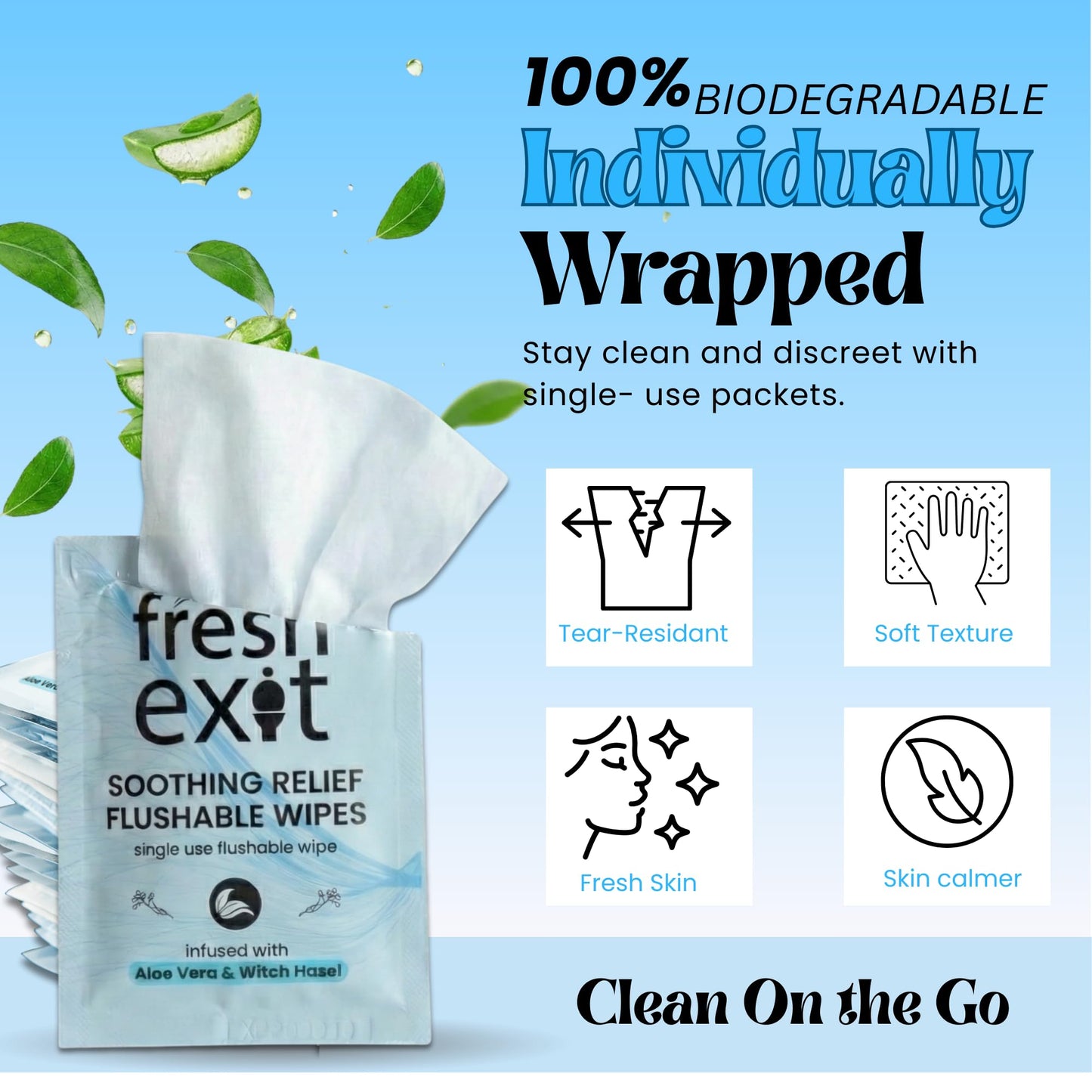 FreshExit Flushable Hemorrhoid Wipes – 36 Count – Individually Wrapped with Witch Hazel & Aloe Vera, Large Discreet Travel Wipes for Adults, Soothing & Gentle on Skin - dailyvitalstore