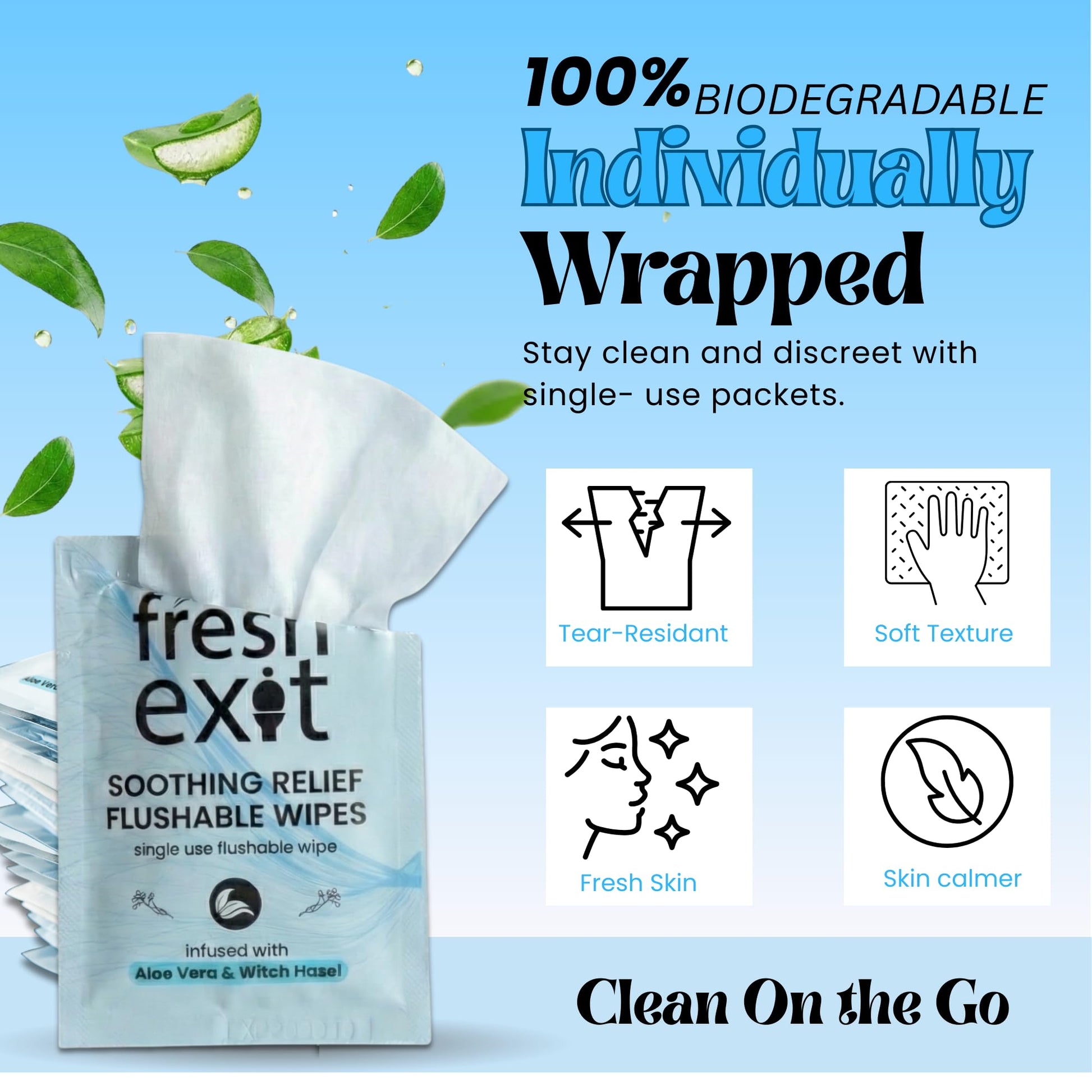 FreshExit Flushable Hemorrhoid Wipes – 36 Count – Individually Wrapped with Witch Hazel & Aloe Vera, Large Discreet Travel Wipes for Adults, Soothing & Gentle on Skin - dailyvitalstore