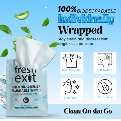 FreshExit Flushable Hemorrhoid Wipes – 36 Count – Individually Wrapped with Witch Hazel & Aloe Vera, Large Discreet Travel Wipes for Adults, Soothing & Gentle on Skin - dailyvitalstore