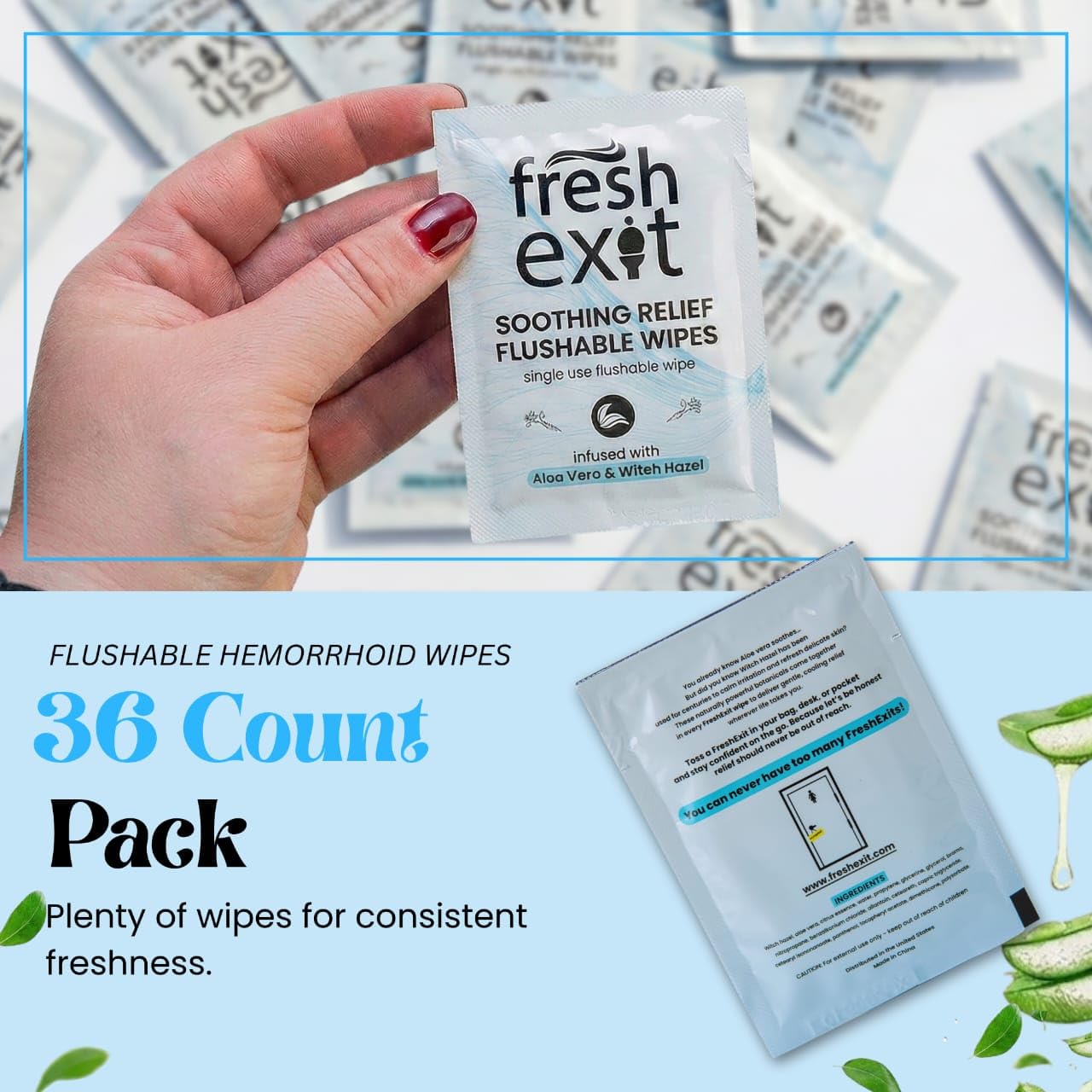 FreshExit Flushable Hemorrhoid Wipes – 36 Count – Individually Wrapped with Witch Hazel & Aloe Vera, Large Discreet Travel Wipes for Adults, Soothing & Gentle on Skin - dailyvitalstore
