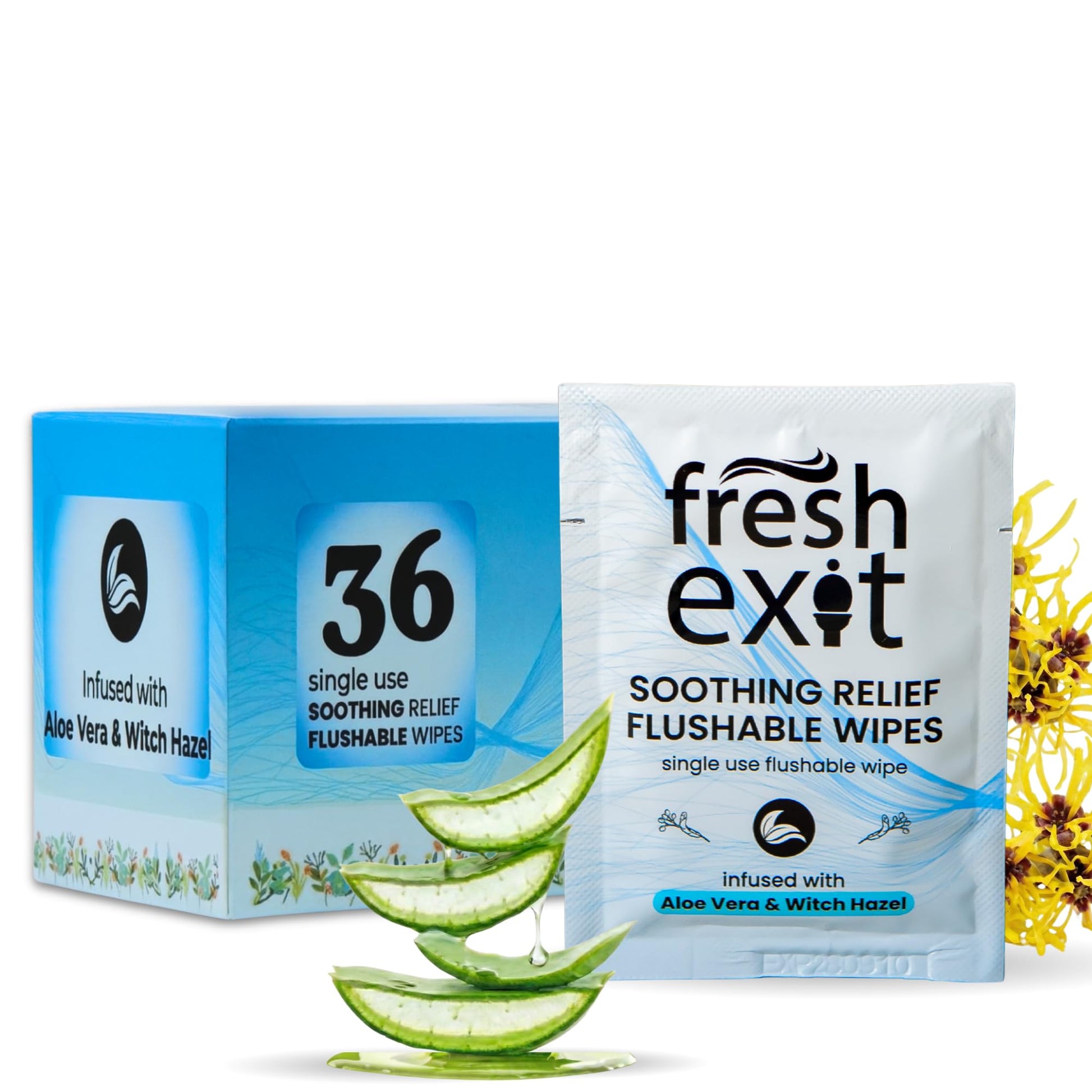 FreshExit Flushable Hemorrhoid Wipes – 36 Count – Individually Wrapped with Witch Hazel & Aloe Vera, Large Discreet Travel Wipes for Adults, Soothing & Gentle on Skin - dailyvitalstore