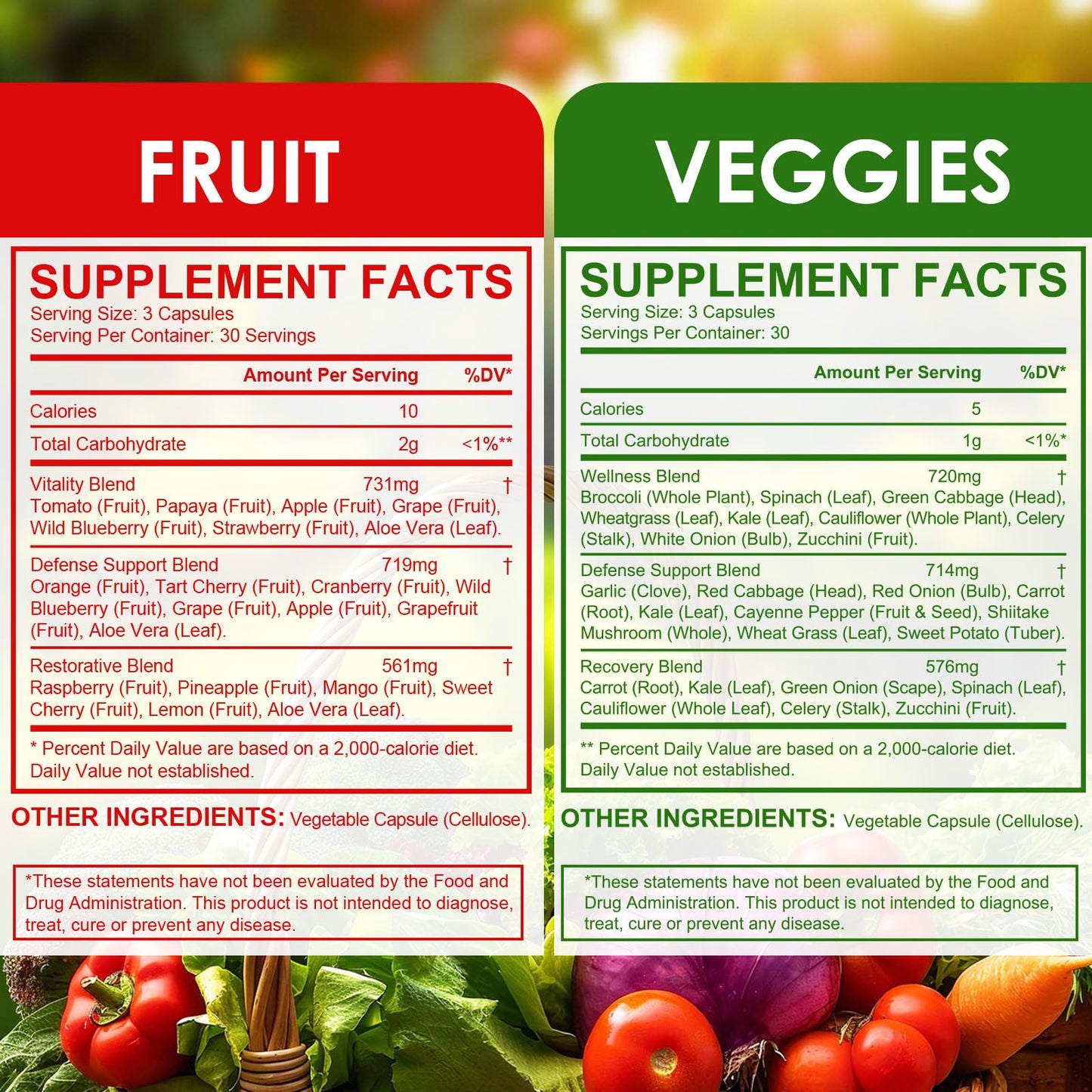 Fruit & Veggies Capsules | Daily Fruit & Vegetable Blend | 2 Bottles – 180 Vegetarian Capsules | Plant-Based Superfood Formula | Non-GMO, Gluten Free - dailyvitalstore