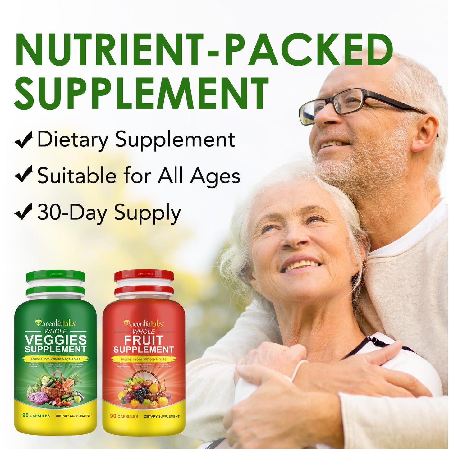 Fruit & Veggies Capsules | Daily Fruit & Vegetable Blend | 2 Bottles – 180 Vegetarian Capsules | Plant-Based Superfood Formula | Non-GMO, Gluten Free - dailyvitalstore