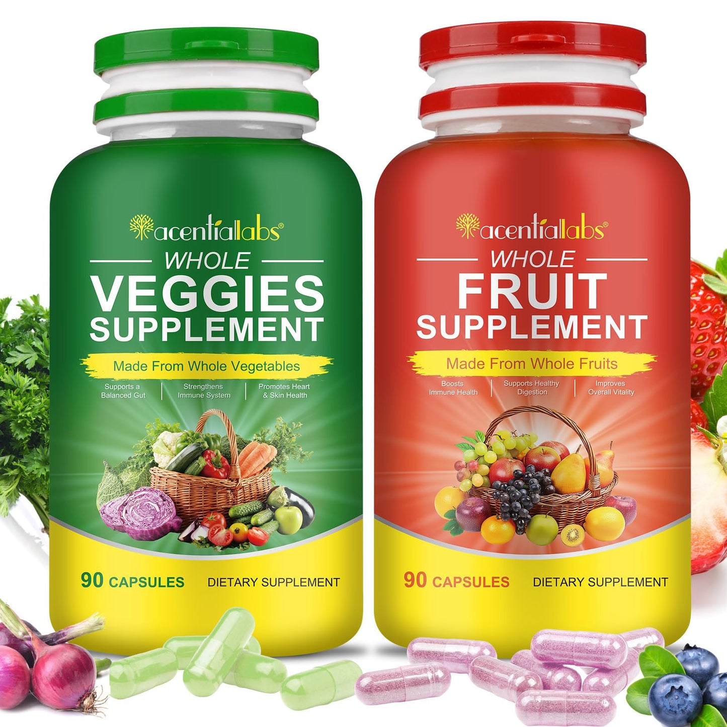 Fruit & Veggies Capsules | Daily Fruit & Vegetable Blend | 2 Bottles – 180 Vegetarian Capsules | Plant-Based Superfood Formula | Non-GMO, Gluten Free - dailyvitalstore