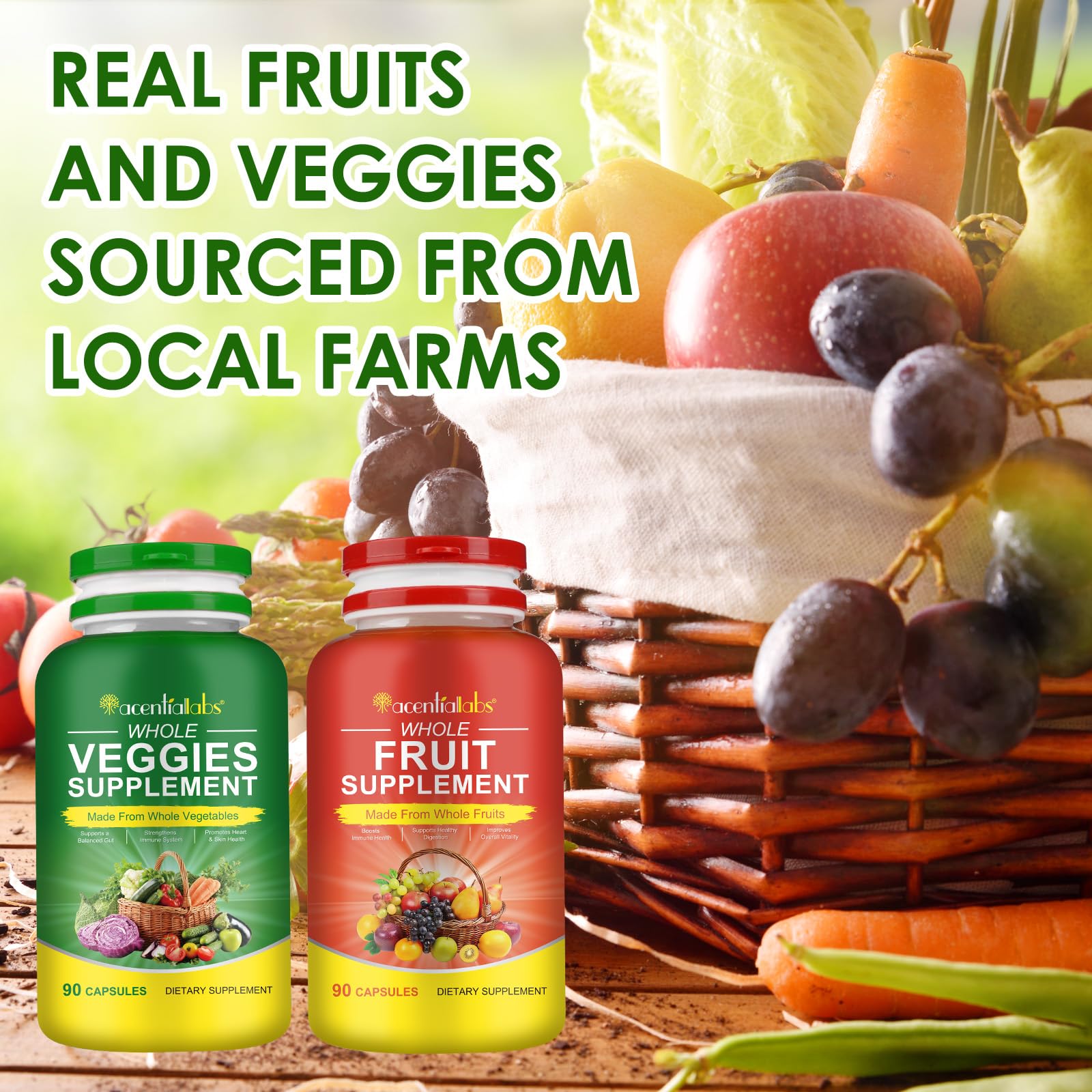 Fruit & Veggies Capsules | Daily Fruit & Vegetable Blend | 2 Bottles – 180 Vegetarian Capsules | Plant-Based Superfood Formula | Non-GMO, Gluten Free - dailyvitalstore