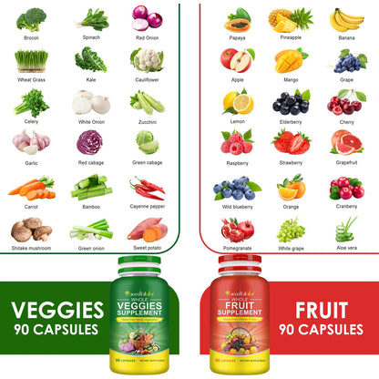 Fruit & Veggies Capsules | Daily Fruit & Vegetable Blend | 2 Bottles – 180 Vegetarian Capsules | Plant-Based Superfood Formula | Non-GMO, Gluten Free - dailyvitalstore