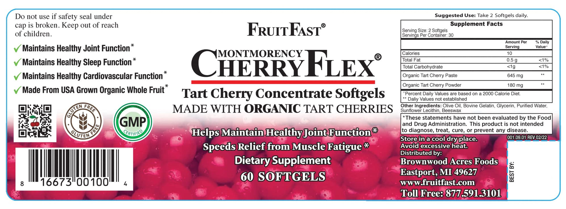 FruitFast CherryFlex 100% Red Tart Organic Cherry Concentrate Supplement - Chewable Softgel - 60 Count - Non-GMO and Gluten Free - Promotes Healthy Joint Function* - dailyvitalstore