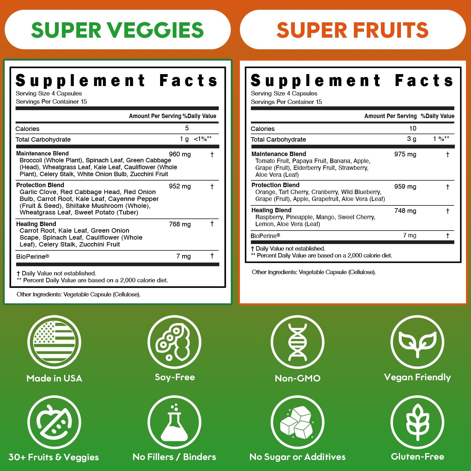 Fruits and Veggies Supplement (60 Day Supply) Powerfull Blend of 39 Whole Fruits and Veggies, Fills Nutritional Gaps, Get Energy, Well-being. USA Made Non-GMO/Vegan/Gluten Free. Packaging May Vary - dailyvitalstore