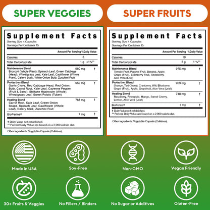 Fruits and Veggies Supplement (60 Day Supply) Powerfull Blend of 39 Whole Fruits and Veggies, Fills Nutritional Gaps, Get Energy, Well-being. USA Made Non-GMO/Vegan/Gluten Free. Packaging May Vary - dailyvitalstore
