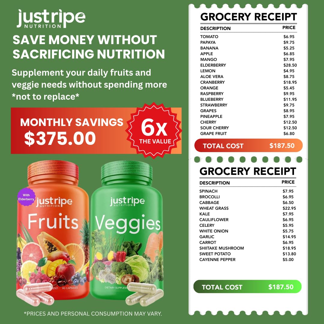 Fruits and Veggies Supplement - 90 Fruit and 90 Vegetable Capsules - 100% Whole Natural Superfood - Filled with Super Greens Vitamins and Minerals - Supports Balance Energy Levels (1 Pack) - dailyvitalstore