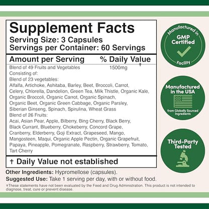 Fruits and Veggies Supplement (Daily Blend of 49 Different Fruits and Vegetables, 23 Veggies and 29 Fruits) 1,500mg Servings, 180 Capsules (No Fillers, Vegan Safe, Non-GMO) by Double Wood - dailyvitalstore