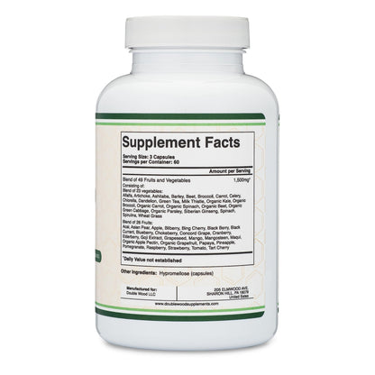 Fruits and Veggies Supplement (Daily Blend of 49 Different Fruits and Vegetables, 23 Veggies and 29 Fruits) 1,500mg Servings, 180 Capsules (No Fillers, Vegan Safe, Non-GMO) by Double Wood - dailyvitalstore