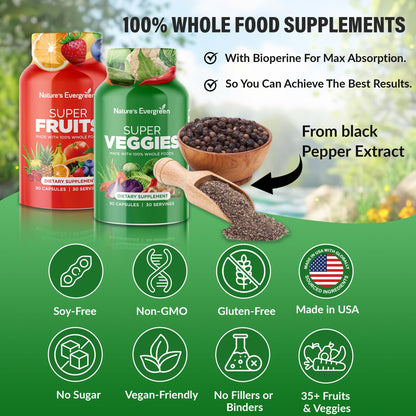 Fruits and Veggies Supplement - Nature Fruits and Vegetables Supplements - Vegan, Non GMO, Soy Free, Superfood Vitamins & Minerals Nutritional Balance - (Total 180 Capsules - Pack of 2) Made in USA - dailyvitalstore