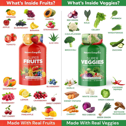 Fruits and Veggies Supplement - Nature Fruits and Vegetables Supplements - Vegan, Non GMO, Soy Free, Superfood Vitamins & Minerals Nutritional Balance - (Total 180 Capsules - Pack of 2) Made in USA - dailyvitalstore