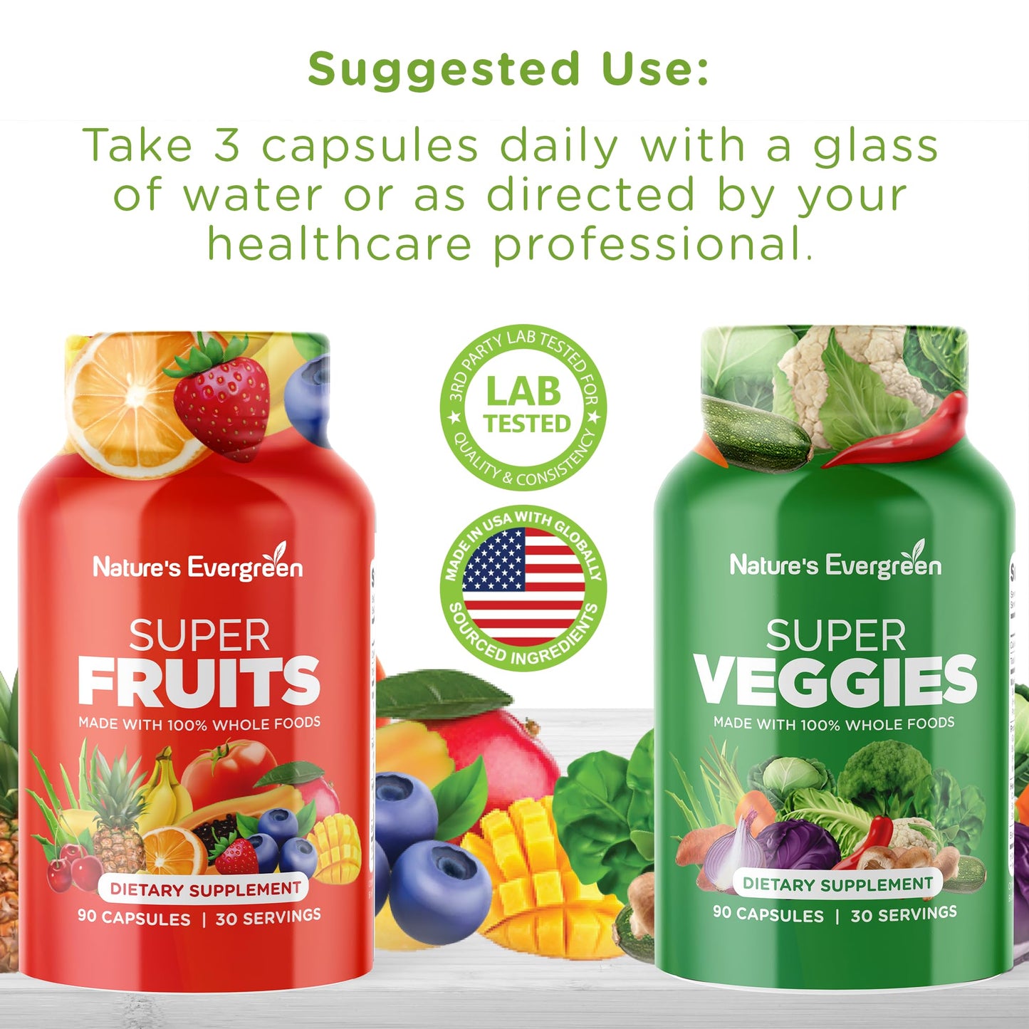 Fruits and Veggies Supplement - Nature Fruits and Vegetables Supplements - Vegan, Non GMO, Soy Free, Superfood Vitamins & Minerals Nutritional Balance - (Total 180 Capsules - Pack of 2) Made in USA - dailyvitalstore