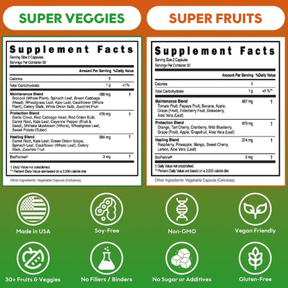 Fruits and Veggies Supplement Powerfull Blend of 39 Whole Fruits and Veggies, Fills Nutritional Gaps, Get Energy, Well-being. USA Made Non-GMO/Vegan/Gluten Free. Packaging May Vary (60 Day Supply) - dailyvitalstore
