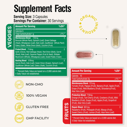 Fruits and Veggies Whole Produce Dietary Supplement with Superfood Fruits and Vegetables for Men, Women and Kids, 90 Fruit Capsules, 90 Veggie Capsules - 1 Set - dailyvitalstore