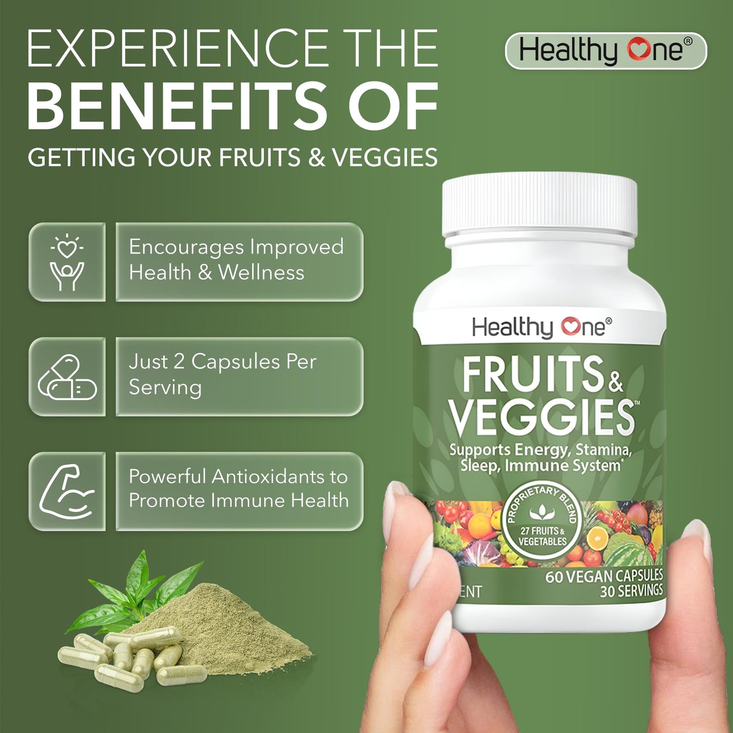 Fruits & Veggies Formula - 27 Premium Whole Foods - Organic Ingredients - Equals 3 Servings of Fruits & Vegetables - Improve Energy, Focus & Immune Function - Fiber - Antioxidants - 120ct (60 Serv) - dailyvitalstore